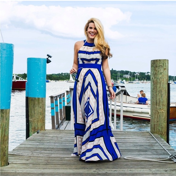 Eliza J Dresses & Skirts - ELIZA J Blue Polka Dot Scarf Print Crepe de Chin Fit & Flare Halter Maxi Dress